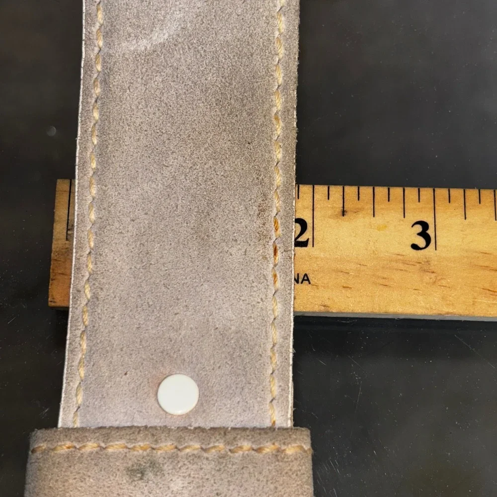 Vintage Lee Tan Brushed Cowhide Leatherette Belt Off White Bronze Buckle Size 36